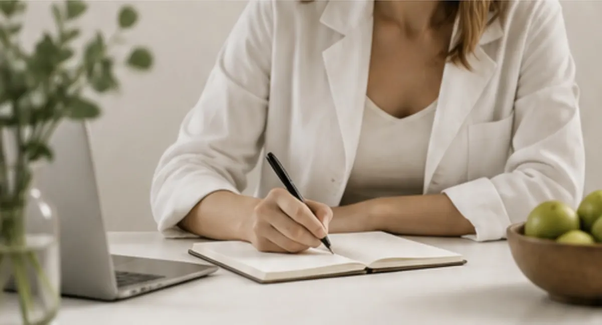 Vanesa Bengoa, Lic. en Nutrición, escribiendo en su cuaderno